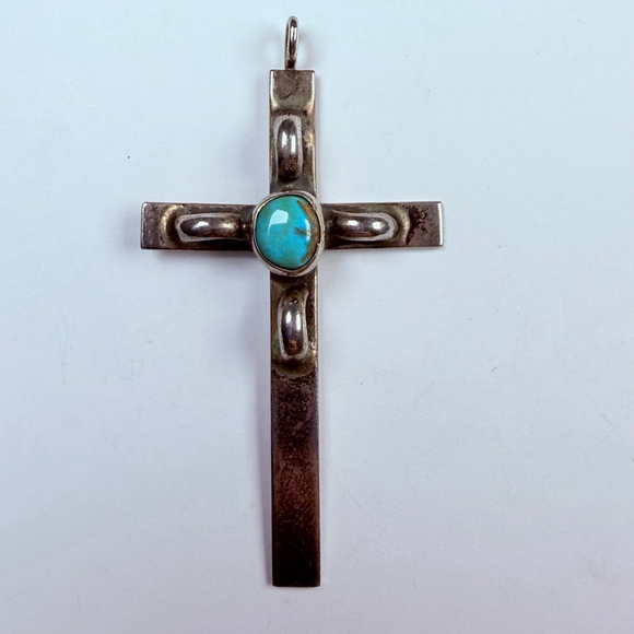Native American Old Pawn Navajo Turquoise Sterling Silver VTG Cross 2.1